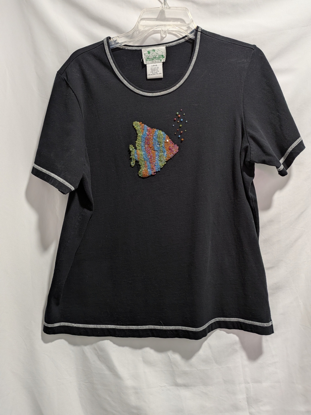 Quacker Factory Black Tee-Shirt with beaded fish design